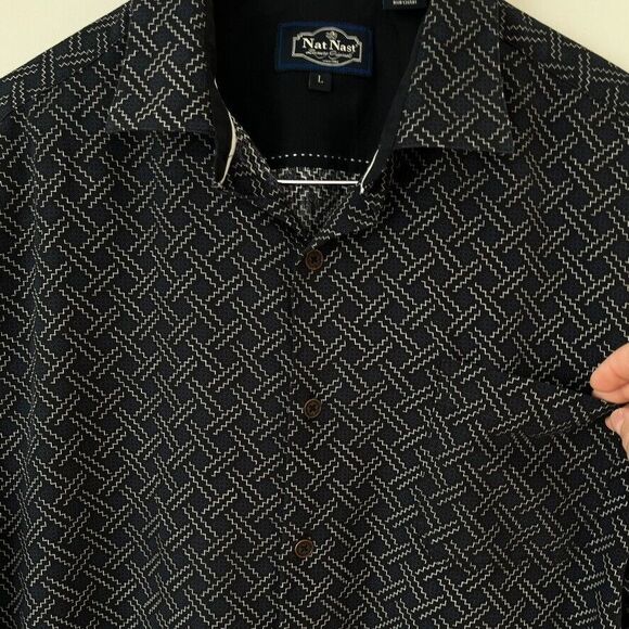 Nat Nast Silk Blend Navy Patterned Short Sleeve Button Up Shirt Mens Size L - Picture 4 of 8